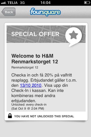 H&M foursquare erbjudande